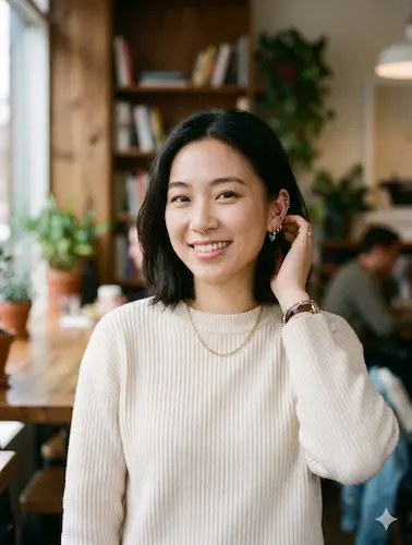 Young smiling Asian woman showcasing a minimalist silver curated ear piercing jewelry collection, matching septum ring, and vertical labret lip hoop.
